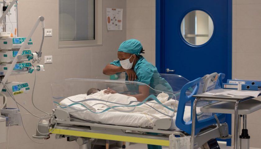 A newborn in an incubator at the at the Children's Surgical Hospital in Entebbe.